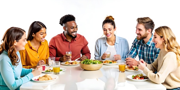 Uśmiechnięci ludzie przy stole podczas posiłku